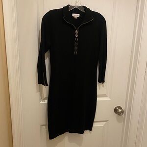Calvin Klein Black Long-Sleeve Zip Knit Dress with Gold Accents